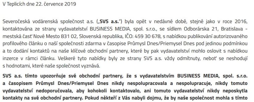 Upozornění pro obchodní partnery SVS a.s.
