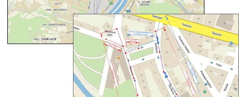 Děčín, Divišova, Raisova, Máchovo náměstí, rekonstrukce vodovodu a kanalizace