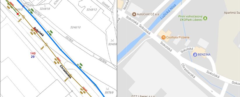 Liberec, Sokolská, u mostu - rekonstrukce vodovodu