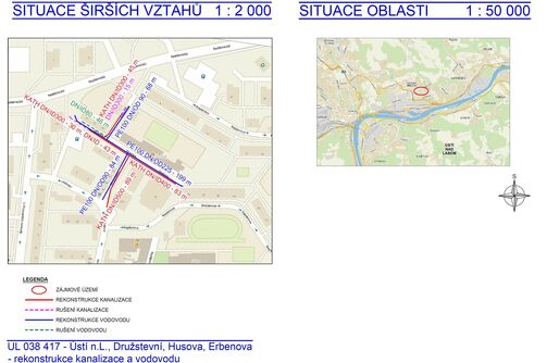 Ústí n. L., Čelakovského, Příkopy, Na Sklípku, a Družstevní, Husova, Erbenova - rekonstrukce kanalizace a vodovodu