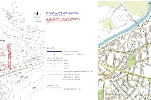 Louny, Říční, před mostem - rekonstrukce vodovodu a kanalizace