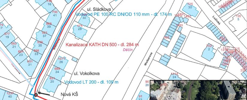 Děčín, Vokolkova, rek. vodovodu a kanalizace, 1. etapa