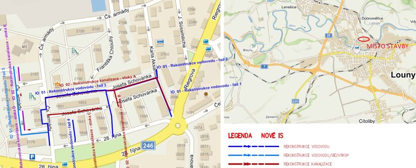 Louny, Čs. Armády, Schovánka - rekonstrukce kanalizace a vodovodu