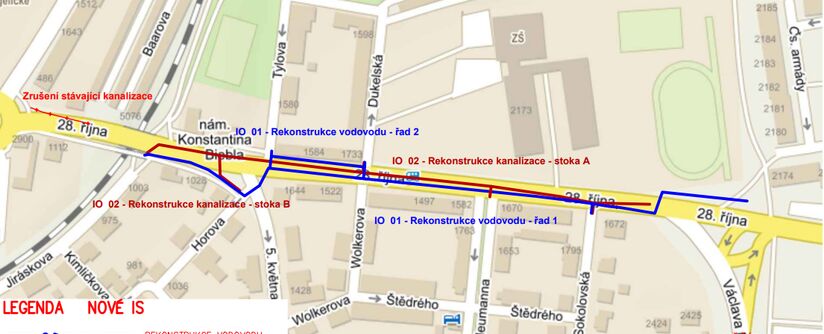 Louny, 28. října - rekonstrukce kanalizace a vodovodu