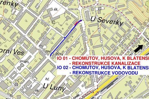 Chomutov, Husova, k Blatenské - rekonstrukce vodovodu a kanalizace