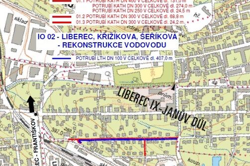 Liberec, Křižíkova, Šeříková - rekonstrukce kanalizace a vodovodu