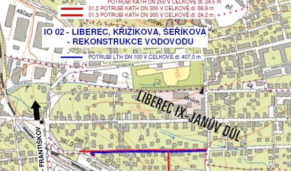 Liberec, Křižíkova, Šeříková - rekonstrukce kanalizace a vodovodu